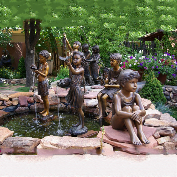 Group children playing in fountain bronze statue